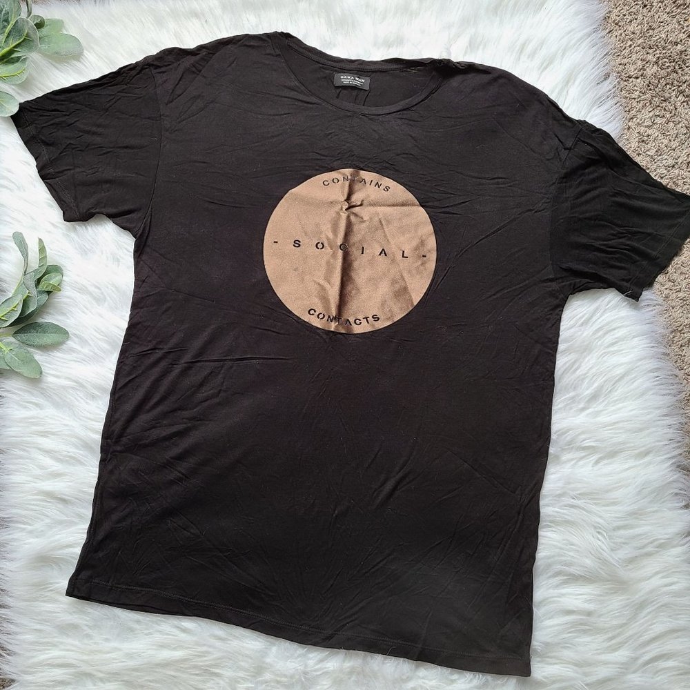ZARA Man "Contains Social Contacts" Black‎ Tee XL